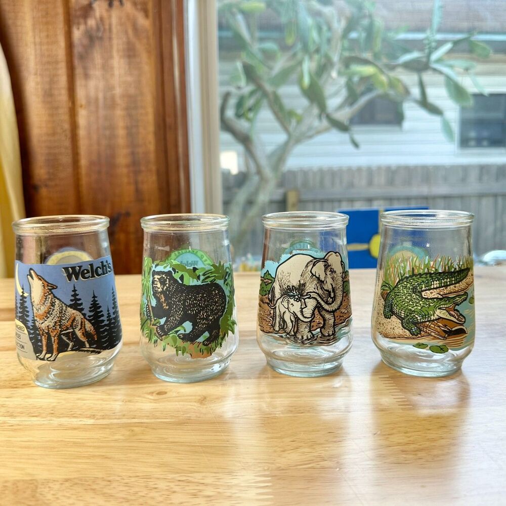Set of 4 Vintage Welch's Endangered Species 90's Jelly Jars WWF  #'s 4 9 10 & 11